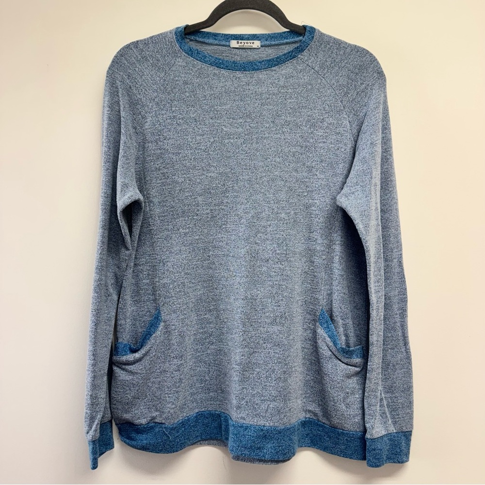 Bayore Blue Heathered Crewneck Sweatshirt with Contrast Trim